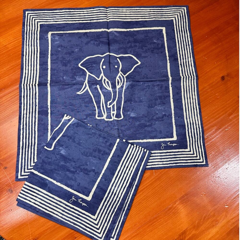 Vintage Jim Thompson Elephant Blue Cotton Napkins - Set of 2